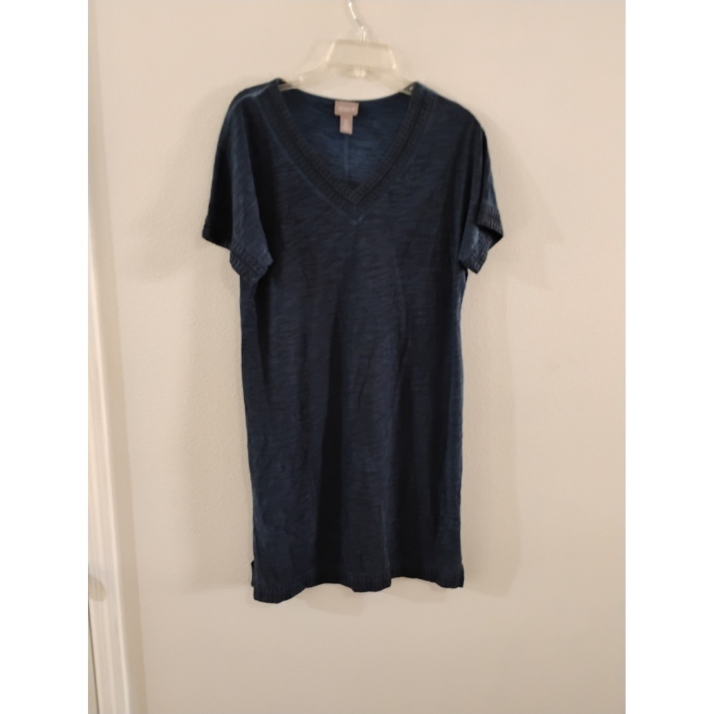 Chicos Navy Blue Slub Knit V-Neck Shift Dress Embroidered Trim Size 0 Small